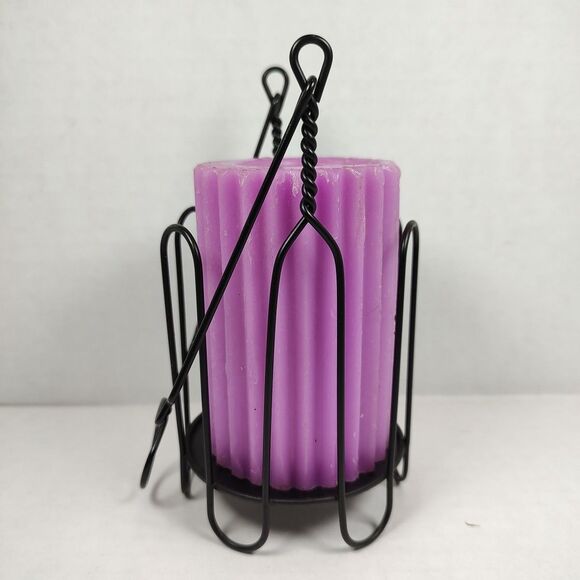Purple Ribbed Pillar Candle Hanging Black Twisted Wire Holder Lantern Stand Used - Picture 4 of 12